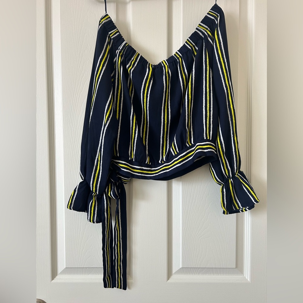 Jealous Tomato Navy Blue and Yellow of the Shoulder Crop Top